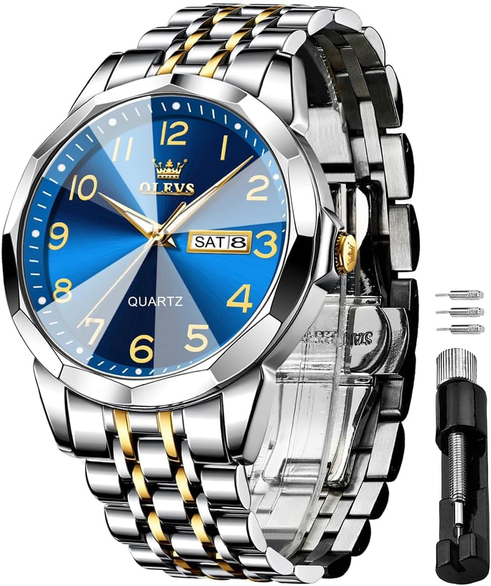 Stainless Steel Quartz Men's Watch – Gold, Blue, Black or White Dial