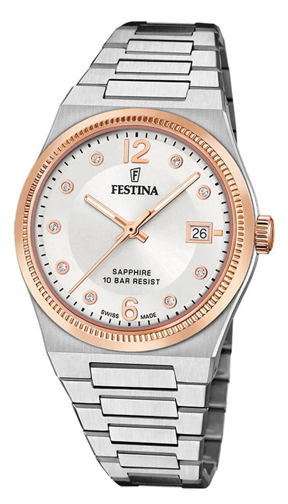 Swiss Made Quartz 35 mm Rose Gold Silver Dial Women's Watch
