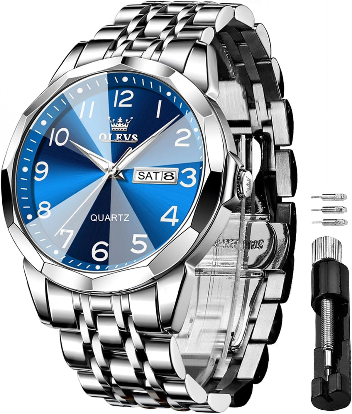 Stainless Steel Quartz Men's Watch – Gold, Blue, Black or White Dial